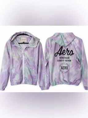 Aeropostale Y2K Windbreaker Pastel Tie Dye Jacket Hooded Zip Purple Green S